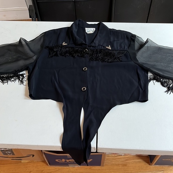 ELLA FASHION black XL vintage Fringe button down shirt with sheer sleeves - Picture 13 of 15